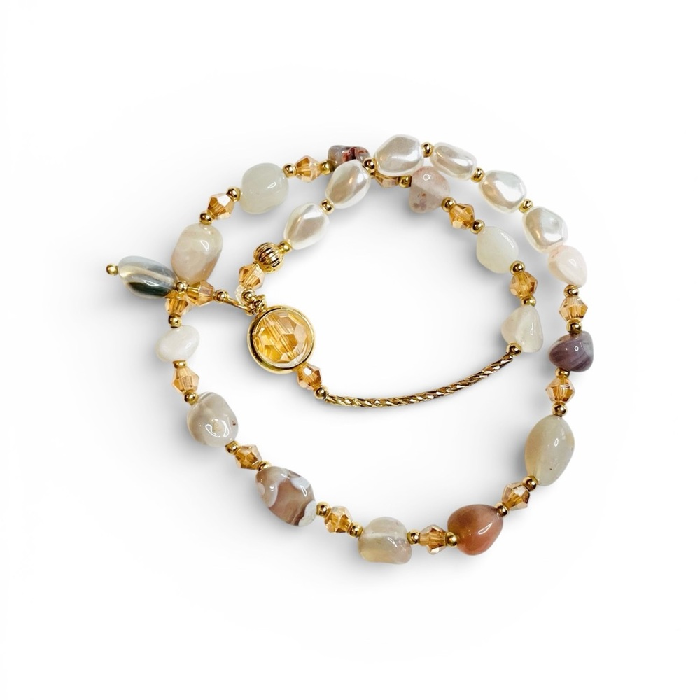 Crystal Gold Pearl Bracelet Gem Stone Beaded Double Layer 6-7” Stretchy - Picture 5 of 5